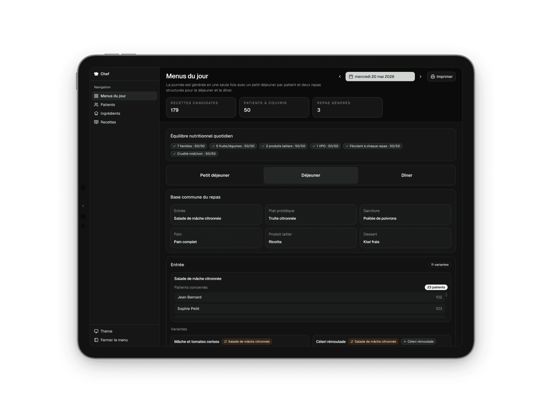 Interface de Chef affichée sur tablette