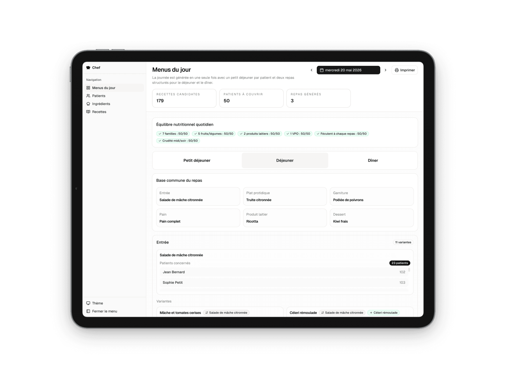 Interface de Chef affichée sur tablette
